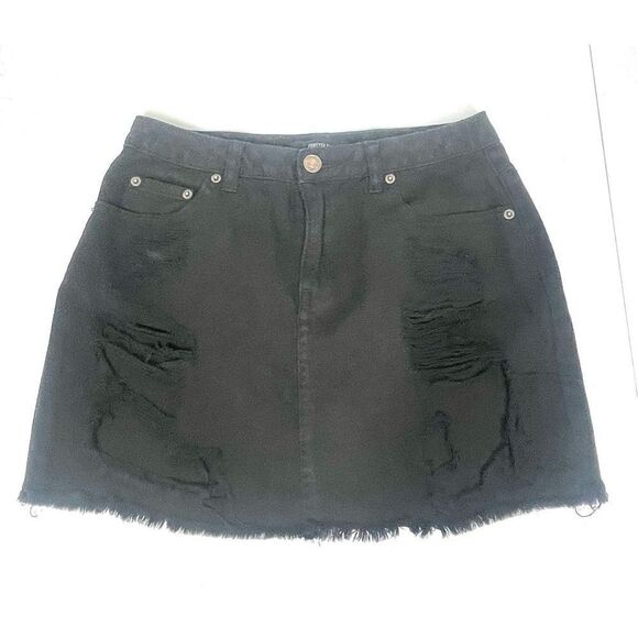 Forever 21 Black Denim Distressed Mini Jean Skirt Size Small 27 X 13 - Picture 1 of 3